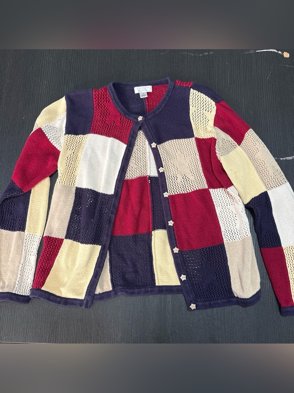 Christopher & Banks Patchwork Open-Knit Cardigan - Navy, Red & Cream